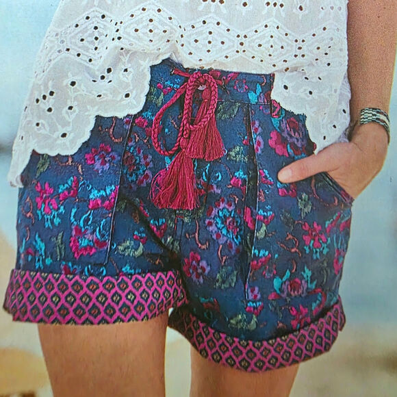 Sundance Kalini Short Floral Linen Sz XL Blue Pink Cuffed Tassle Drawstring - Picture 1 of 13